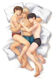 3boys asian asian_male bed black_hair blonde_hair brown_hair bts gay hug jung_ho_seok kim_nam_joon korean kpop min_yoon_gi pillow underwear underwear_only white_body yaoi