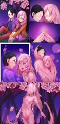 2019 black_hair blush bottomwear breasts clothing comic digital_media_(artwork) duo embrace female gender_transformation goo_creature goo_humanoid hair hi_res hug human human_to_humanoid humanoid ibenz009 male male/female mammal merging mtf_transformation not_furry nude pants pink_body pink_eyes pink_hair plant smile solo species_transformation transformation tree