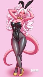 1girls abs android_21 black_sclera bunny_ears bunnysuit cleavage dragon_ball dragon_ball_fighterz eye_contact female female_focus female_only full_body high_heels leotard long_hair looking_at_viewer majin_android_21 monster_girl pink_body pink_skin playboy_bunny red_eyes smile solo solo_female standing tail thighs white_hair zilvan