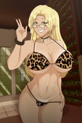 1girls alternate_version_available armwear big_breasts bikini bikini_bottom bikini_top blonde blonde_hair breasts choker earrings female female_only glynda_goodwitch gyaru hand_on_hip huge_breasts large_breasts leopard_print leopard_print_bikini leux_21 long_hair mature mature_female mature_woman neckwear peace_sign rwby smile solo solo_female swimsuit swimwear tan_body tanline tanlines thick_thighs thighs