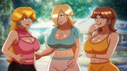 1girls alternate_version_available beg4cake big_breasts blonde_hair blue_eyes breasts brown_hair cleavage cleavage_cutout earrings female female_only hair_over_one_eye heart huge_breasts light-skinned_female lips lipstick mario_(series) midriff nail_polish nintendo princess_daisy princess_peach princess_rosalina shirt smile smiling sports_bra thinking tongue_out yoga_pants