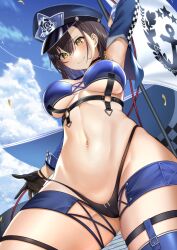 1girls 2022 alcoholrang azur_lane baltimore_(azur_lane) baltimore_(finish_line_flagbearer)_(azur_lane) bikini blush breasts brown_hair female female_only flag green_eyes hat hips huge_breasts light-skinned_female light_skin outdoors race_queen short_hair slim_waist smile solo thick_thighs thighs underboob wide_hips