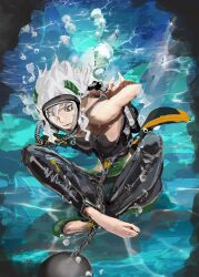 1girls arms_behind_back bodysuit bondage bound burnet_(pokemon) chained chains diving_mask female_focus mask nintendo peril pokemon pokemon_sm restrained satoimo short_hair skin_tight solo tight_clothing underwater wetsuit white_hair