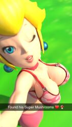 3d 4k blonde_hair blue_eyes bra breast_expansion breasts collar earrings emoji heart heart_pattern heart_print heart_print_bra highres jewelry large_breasts looking_at_viewer mario_(series) mushroom nintendo outside pink_bra princess_peach print_bra selfie smile snapchat sticki_bun super_mario_bros. tagme text underwear underwear_only wink winking_at_viewer