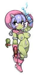 alien arm_up bangs black_eyes boots breasts character_request colored_nipples colored_skin creature_and_personification energy_gun female full_body gloves green_skin gun hair_between_eyes holding holding_gun holding_weapon inverted_nipples knee_boots large_breasts leg_up navel nipples no_nose nyong_nyong personification pink_footwear pink_gloves purple_hair purple_nipples purple_pussy pussy ray_gun reference_inset short_hair simple_background solo terraria uncensored weapon white_background