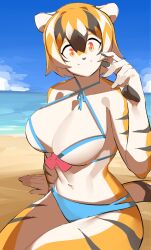 1girls 5_fingers anthro arknights aspirindabaitu beach big_breasts bikini breasts female furry looking_at_viewer mx99926 orange_eyes sea smile solo solo_female tagme tiger tiger_girl waai_fu_(arknights)