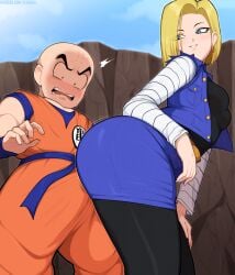 1boy 1girls afrobull android android_18 android_girl bald blonde_hair blue_eyes bulge buttjob dragon_ball dragon_ball_z female grinding huge_ass human krillin kuririn male shounen_jump teasing thick_thighs torn_sleeves vest wide_hips