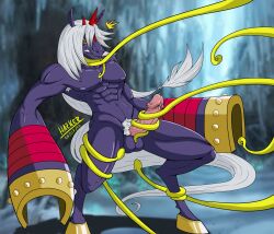 abs anthro balls bandai_namco body_hair digimon digimon_(species) equid equine erection genitals hair hazker hi_res hooves horn horse indramon male male_only mammal muscular muscular_anthro muscular_male nipples nude pubes purple_body solo tentacle trapped white_hair