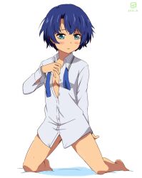 ano_natsu_de_matteru artist_logo blue_eyes blue_hair blush bottomless commentary_request dated female kneeling kuerun miyahara_takuya open_clothes open_mouth open_shirt shirt short_hair smile solo tanigawa_kanna undressing