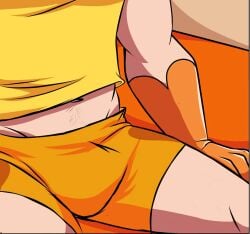 1boy belly_button boxers bulge gloves gold_heart_(villainous) male male_only orange_underwear pubic_hair selfie shirt spread_legs superhero underwear villainous