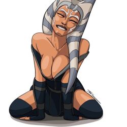 1girls 2022 ahsoka_tano alien alien_girl artist_name bare_shoulders bare_thighs belt big_breasts biting_lip biting_own_lip black_eyelashes blue_clothing breasts cleavage clone_wars closed_eyes clothed clothed_female clothing dark_lipstick dress facial_markings female female_focus female_only fingerless_gloves front_view full_body fully_clothed gloves headband headgear horn horny huge_breasts humanoid jedi kneeling large_breasts model modeling montrals navy_blue_dress navy_blue_hair navy_blue_legwear navy_blue_skirt on_her_knees on_knees orange_body orange_skin parted_lips photoshoot pose signature simple_background smile smiling socks solo solo_female spread_legs star_wars stockings teeth terracottawarriorr_(artist) the_clone_wars:_season_seven thighhighs togruta vambraces white_background white_teeth