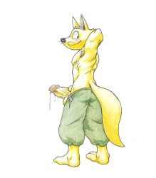 1boy 2019 anthro armpit_tuft baggy_pants barefoot big_penis blush bodily_fluids canid canine clothed clothing dripping embarrassed erection feet fox fur genital_fluids genitals hi_res holding_penis humanoid_genitalia humanoid_penis kaiketsu_zorori male male_only mammal masturbation nipples penis precum precum_drip solo solo_male topless utx-shapeshifter vein veiny_penis yellow_body yellow_fur zorori