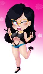 1girls black_hair blue_shorts bottomwear bracelet bracelets chibi double_peace_sign earrings female female_only glasses heels high_heels ladycandy2011 legs lips long_hair one_eye_closed original original_character peace_sign pink_eyes purple_lips red_nail_polish red_nails shorts solo solo_female thick_thighs thighs topwear vanessa_willendorf wink winking yellow_glasses