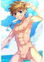 abs balls blonde_hair blue_eyes camp_buddy connor_bleufin drawfag drawthread_request edit edited flaccid flaccid_penis foreskin gay genitals male male_only penis retracted_foreskin smiling uncut unknown_artist yaoi