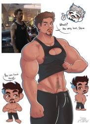 all_draw beard body_hair boob_window brown_hair bulge chibi inviting_viewer iron_man leggings male male_focus male_only marvel muscular_male nipple_bulge reference_image sideboob steve_rogers sticking_out_tongue sweat sweating tank_top tank_top_lift tongue_out tony_stark