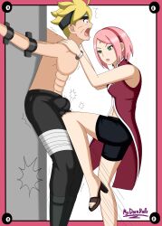 1boy 1girls against_wall age_difference aged_up ball_busting ballbusting bike_shorts blue_eyes boruto:_naruto_next_generations bulge bulge_through_clothing dominant dominant_female domination dress female femdom green_eyes heels human knee_strike male male/female milf mydarkballs naruto naruto_(series) older_female pink_hair sakura_haruno shirtless shirtless_(male) size_difference smaller_female spread_arms submissive submissive_male taller_male tied_up torture uzumaki_boruto yellow_hair younger_male