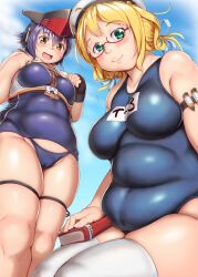 2girls armband bangs blonde_hair blue_sky blue_swimsuit blush book breasts cameltoe closed_mouth collarbone fat feet_out_of_frame from_below glasses green_eyes hair_ribbon hat highres i-14_(kantai_collection) i-8_(kantai_collection) kantai_collection large_breasts looking_at_viewer medium_hair multiple_girls open_mouth orizen plump purple_hair ribbon school_swimsuit semi-rimless_eyewear skindentation sky swimsuit tareme thick_thighs thigh_strap thighhighs thighs under-rim_eyewear yellow_eyes