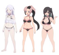 3girls black_hair grim_reaper kamuo multiple_girls original_characters pink_hair swimsuit tagme white_background white_hair