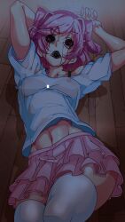 1girls blood creepy crying_blood dark dark_room doki_doki_literature_club glitched glitched_eyes glitched_mouth glitching lying lying_down lying_on_back natsuki_(doki_doki_literature_club) nisego pink_skirt see-through see-through_clothing see-through_top see_through skirt solo solo_female white_shirt