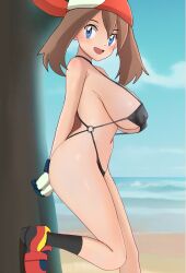 aruman bandana beach bikini blue_eyes blush brown_hair clouds covered_nipples gloves large_breasts may_(pokemon) navel open_mouth pokemon pokemon_rse seaside shoes sideboob sky socks swimsuit