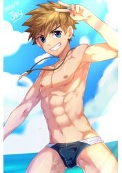 blonde_hair blue_eyes bulge camp_buddy collar connor_bleufin drawfag drawthread_request edit edited fang_necklace gay male male_only speedo swimsuit swimwear unknown_artist yaoi