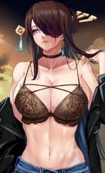 1girls 2022 abs absurd_res beidou_(genshin_impact) belly_button bra breasts brown_hair casual_clothes cleavage eyepatch female female_only genshin_impact hair_ornament huge_breasts jacket long_hair loooyd nipples nipples_visible_through_clothing open_clothes outdoors red_eyes slim_waist