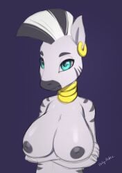 2019 anthro anthrofied big_breasts breasts crossed_arms ear_piercing ear_ring equid equine eyebrows female fingers friendship_is_magic green_eyes grey_body grey_nipples grey_stripes hair hasbro hi_res holly-roller huge_breasts inverted_nipples mammal mohawk multicolored_hair my_little_pony nipples piercing purple_background ring_piercing signature simple_background straight_hair stripes two_tone_hair zebra zecora_(mlp)