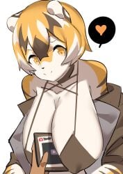 1boy 1girls anthro arknights aspirindabaitu big_breasts breasts female furry heart huge_breasts human looking_at_viewer mx99926 tablet tagme tiger tiger_girl waai_fu_(arknights)