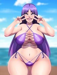 1girls ass_visible_through_thighs big_breasts big_lips bikini bikini_bottom bikini_top breasts cleavage curvaceous curvy double_peace_sign fate/grand_order fate_(series) female female_only hips huge_breasts ladycandy2011 large_breasts lips mature mature_female mature_woman milf minamoto_no_raikou_(fate/grand_order) peace_sign purple_bikini purple_eyes purple_hair solo solo_female swimsuit swimwear thick_lips thick_thighs thighs wide_hips