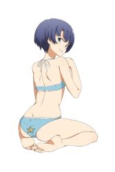 ano_natsu_de_matteru ass ass_cleavage barefoot bikini blue_eyes blue_hair butt_crack commentary_request feet female from_behind full_body looking_back plantar_flexion short_hair simple_background sitting smile solo star_(symbol) swimsuit tanigawa_kanna tt_(poposujp) wariza white_background