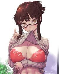 1girls amania_orz big_breasts blush bra brown_eyes brown_hair female female_only first_porn_of_character fujimiya_sumika glasses holding_own_hair isekai_ojisan large_breasts red_bra shirt_in_mouth shirt_lift shirt_lift_via_mouth solo twitter_username