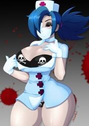 1girls big_breasts black_bra black_panties blue_hair bottomwear bra breasts choker eye_patch eyeshadow face_mask female female_only gloves huge_breasts ladycandy2011 nurse nurse_cap nurse_clothing nurse_hat nurse_outfit nurse_uniform outfit panties ponytail print_bra print_panties red_eyes skull skull_print skull_print_bra skull_print_panties skullgirls solo solo_female thick_thighs thighs valentine_(skullgirls) white_gloves