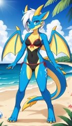 1girls 2024 ai_generated anthro beach bikini black_body black_scales blue_body blue_dragon_(animal) blue_eyes blue_scales blushing cameltoe cute digitigrade dragon female female_only hi_res horns looking_at_viewer mythological_creature mythological_scalie mythology nipple_bulge non-mammal_breasts outdoors reptile seaside short_hair slit_pupils smile white_hair white_markings wings yellow_body yellow_scales