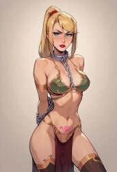 ai_generated athletic_female beauty_mark belly_dancer belly_dancer_outfit blonde_hair blue_eyes chains cleavage damsel_in_distress enslaved female female_only femsub fit_female harem_girl harem_outfit large_breasts loincloth long_hair metroid nintendo ponytail pubic_tattoo questionable_consent samus_aran sex_slave slave slave_bikini slave_collar slave_leia_(cosplay) slave_outfit slavegirl sole_female solo star_wars thighhighs