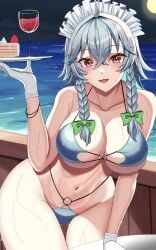 breasts hossy looking_at_viewer navel night plate red_eyes sakuya_izayoi silver_hair touhou water