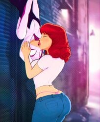 2girls female female_only gwen_stacy hanging_upside_down kissing marvel marvel_comics mary_jane_watson mask masked masked_female shadman spider-gwen thong upside-down whale_tail yuri