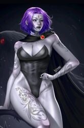 1girls 2024 black_cape black_clothing black_leotard black_theme cape cleavage dc_comics deviantart_link female gem_on_forehead goth goth_girl gothic grey_body hand_on_hip hibren leotard purple_hair rachel_roth raven_(dc) revealing_clothes short_hair solo strapless_leotard superheroine tattoo tattoo_on_arm tattoo_on_thigh tattoos teen_titans thick_thighs wide_hips