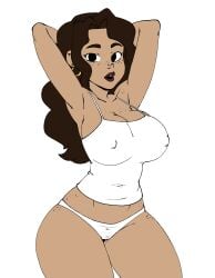 arms_behind_head arms_up brown_hair brown_lips brown_skin cowboy_shot darkeros13 female freckles gold_earrings hoop_earrings looking_at_viewer parted_lips rachel_(eachminister) solo standing wavy_hair white_camisole white_panties