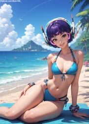 1girls 2d ai_generated athletic athletic_female beach big_breasts bikini blizzard_entertainment blue_eyes blush breasts cleavage curvy curvy_figure cute cute_face detailed eyelashes female fit fit_female focus headgear high_quality juno_(overwatch) legs lips lipstick looking_at_viewer makeup mascaram medium_breasts navel nero100 ocean outdoors outside overwatch overwatch_2 perky_breasts posing purple_hair seductive seductive_look short_hair sitting stable_diffusion thighs