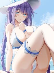 blush goddess looking_at_viewer neptune_(neptunia) neptunia_(series) power_symbol power_symbol-shaped_pupils purple_heart_(neptunia) straight swimsuit