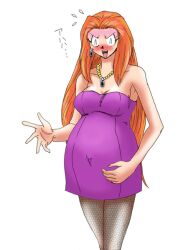 90s blush clothed_female collarbone dress drg embarrassed embarrassed_female ghost_sweeper_mikami hand_on_belly human jewelry leggings long_hair necklace old_art old_artwork orange_hair pregnant pregnant_belly pregnant_female purple_dress ready_to_pop reiko_mikami shocked standing standing_up suprised very_long_hair white_background