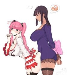 2girls bent_over cleavage dark-skinned_female female female/female female_only large_breasts looking_back lushhhh nico_robin nico_robin_(classic) one_piece perona tagme thong thriller_bark white_background yuri