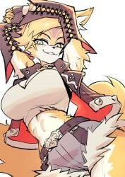 anthro big_breasts breasts clothing colo felid female fur green_eyes hi_res mammal presenting pulchra_(zenless_zone_zero) smile smiling_at_viewer solo topwear white_clothing white_topwear yellow_body yellow_fur zenless_zone_zero