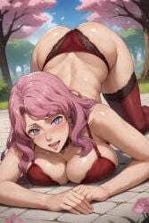 1girls ai_generated ass ass_focus bent_over big_ass big_breasts black_clover blush booty bra breasts hi_res huge_ass large_breasts lingerie looking_at_viewer maxartison panties pink_hair purple_eyes skimpy stockings sweat thick_thighs thighhighs thighs thong vanessa_enoteca voluptuous