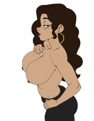 black_pants brown_hair brown_lips brown_skin darkeros13 female flat_colors freckles from_side gold_earrings half-closed_eyes hand_on_hip hand_on_own_chest hoop_earrings looking_at_viewer rachel_(eachminister) smile solo standing topless wavy_hair