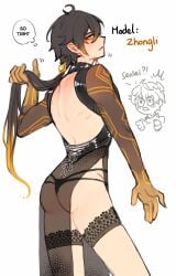 2boys alternate_costume backless_outfit black_dress blackmieu dress genshin_impact hand_on_own_hair highres implied_yaoi lingerie male_only multiple_boys no_male_underwear tartaglia_(genshin_impact) thighhighs thong thought_bubble underwear zhongli_(genshin_impact)