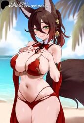 ai_generated animal_ears bikini brown_hair green_eyes hands_on_own_chest honkai:_star_rail large_breasts navel ponytail primosan short_hair tail tingyun_(honkai:_star_rail) water