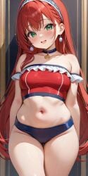 1girls adorable ai_generated bangs bare_legs bare_shoulders belly belly_button big_eyes blush breasts cameltoe choker commentary_request curvaceous curvy curvy_female curvy_figure cute earrings female female_focus female_only frills green_eyes headband lia_the_busty_redhead long_hair looking_at_viewer medium_breasts midriff navel original original_character panties pelvic_line pointy_chin red_hair self_upload small_breasts smile smiling smiling_at_viewer solo solo_female solo_focus standing tagme tubetop voluptuous voluptuous_female young younger_female