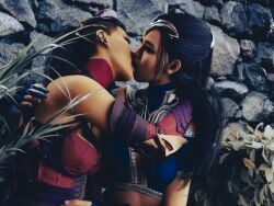 2girls 3d arms_behind_head black_hair closed_eyes dark_hair edenian female french_kiss grass hand_on_shoulder hug incest kissing kissing kitana kunoichi light-skinned_female light_skin mature_female midriff mileena mortal_kombat mortal_kombat_1_(2023) netherrealm_studios ninja open_mouth outside princess rayalterego23 sisters slim_waist tarkatan tilted_head tongue tongue_kiss twincest twins wrapped_around_another yuri