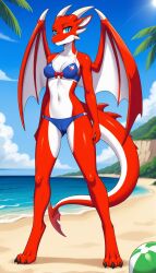 1girls 2024 ai_generated anthro beach beach_ball bikini blue_eyes cameltoe digitigrade dragon female female_only hi_res horns looking_at_viewer mythological_creature mythological_scalie mythology outdoors red_body red_scales reptile seaside slit_pupils smile star_(symbol) taller_girl white_body white_scales wings